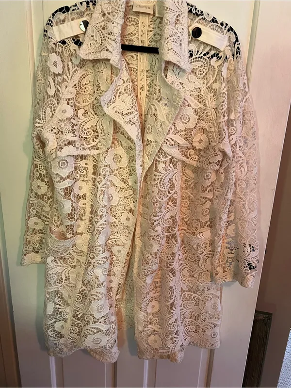 Chico's Cream Lace Longline Trench Coat Sz 2 Chicos sizing - Image 9