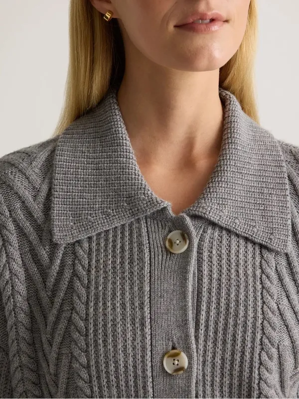 Quince Australian Merino Wool Collared Cable Cardigan Heather Grey XS - Image 8
