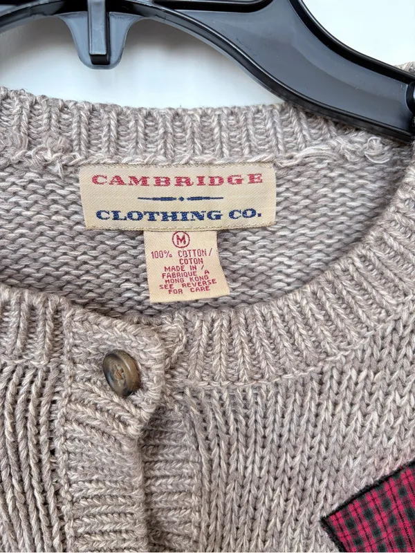 Vintage Cotton Knit Christmas Sweater Patchwork Unique Medium Button Cardigan Red - Image 2
