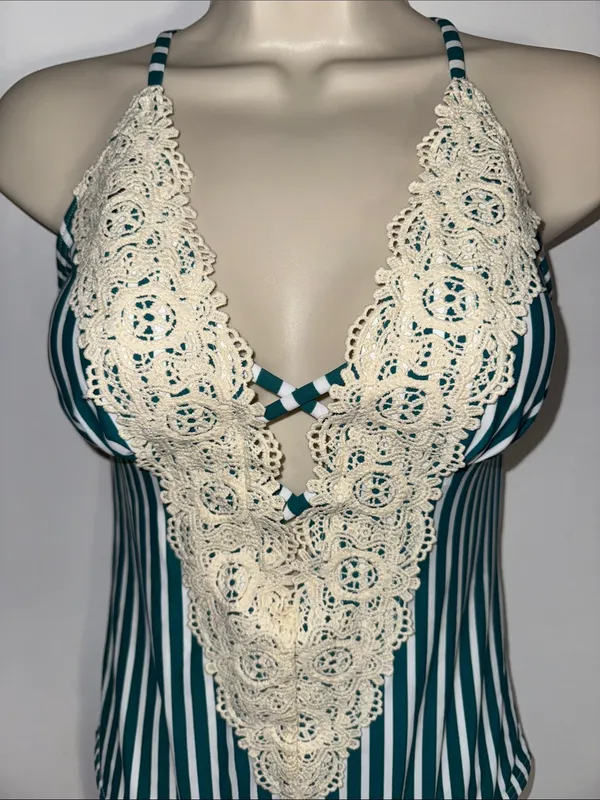 CUPSHE Striped One Piece Swimsuit w Boho Crochet Trim Women’s Large L - Image 2