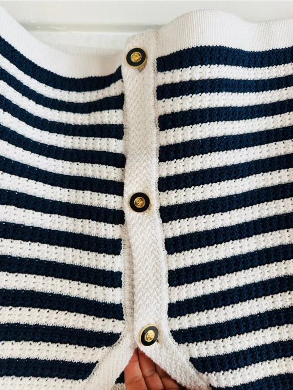 J. Crew Navy and White Striped V-Neck Button Cardigan - Image 6