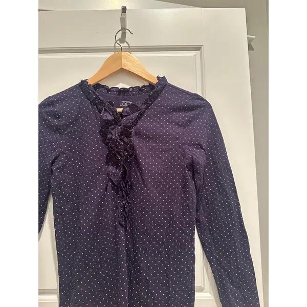 Ann Taylor Loft Navy Polka‎ Dot Ruffle Top Small Cottagecore Preppy Shirt Cotton - Image 4