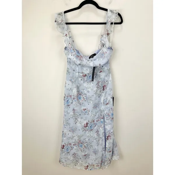 Lulus Delightful Direction Blue Floral Ruffled Tie-Strap Midi Dress Small NWT - Image 6