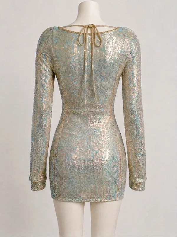 Emerald Sundae Pale Green Sequin Long-Sleeve Mini Dress - Image 2