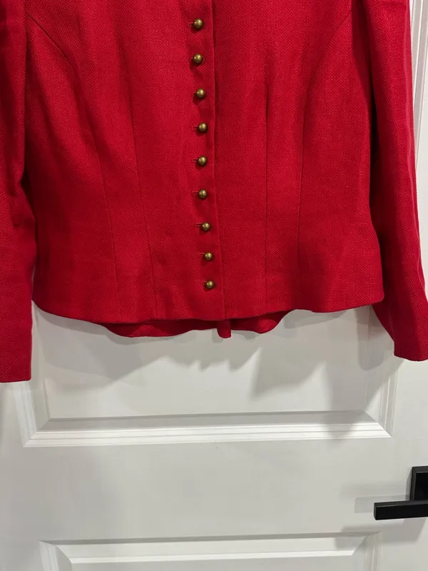LAUREN Ralph Lauren Red Linen Military Jacket Mandarin Collar Brass Buttons Sz 6 - Image 9