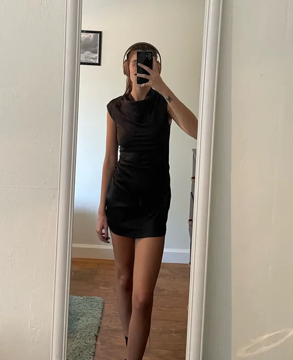 Forever 21 Silk Black Mini Dress with Cowl Neck and Ruching - Image 3