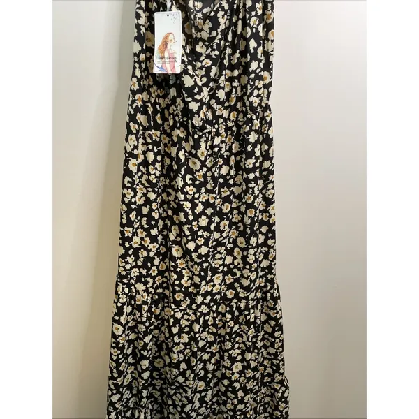 Pretty Garden Halter Maxi Dress MEDIUM Black Floral Boho Vacation Sleeveless NWT - Image 3