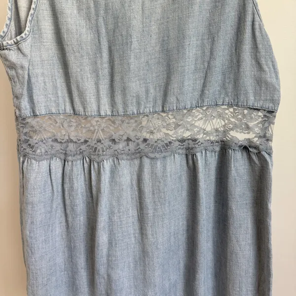 Free People sz M Blue Chambray‎ Lace Trim Sleeveless Boho Mini Dress Cottagecore - Image 7