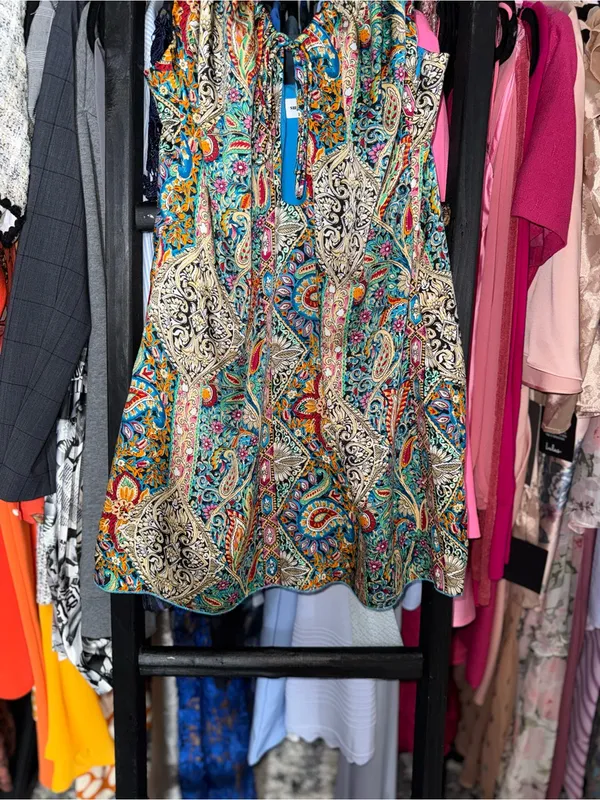 Superdown Fernanda Keyhole Blue Paisley Satin Mini Dress Women’s XL EUC - Image 8