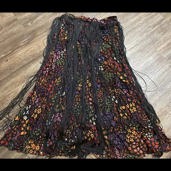 Farm Rio Hippie Boho Y2K Multicolor Floral‎ Midi Skirt W/ Black Fringe - Image 14