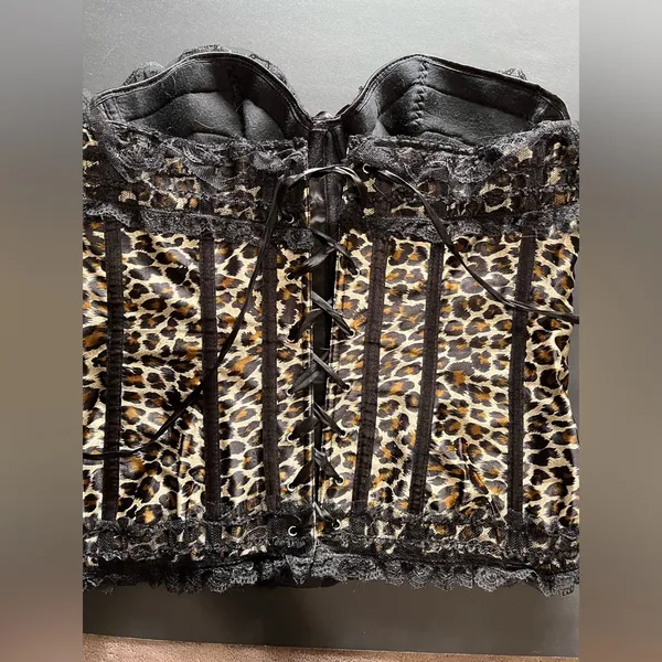 VAACODOR Women’s Leopard Print Corset Side Zip Back Tie Lace Bows Sz XXL Y2K EUC - Image 6