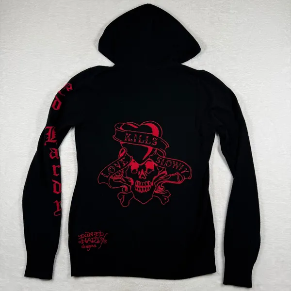 Ed Hardy Christian Audigier Black Red Embroidered Zip‎ Hoodie Skull Dagger L - Image 10