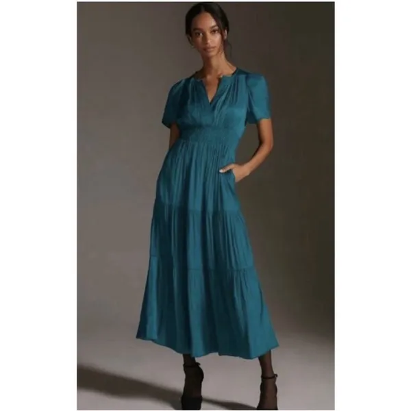Anthropologie The Somerset Silky Satin Tiered Midi Dress in Size XS - Image 3