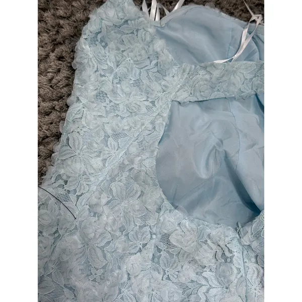 Lulus Light Blue Lace Mini Dress Strapless Backless 3D Floral Coquette NWT M - Image 15