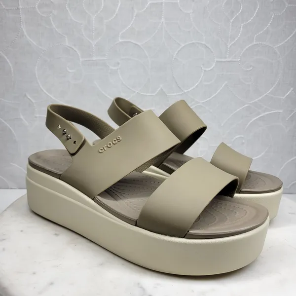 Crocs Brooklyn Low Wedge Sandals Size 8 Mushroom LiteRide Slingback Two Strap - Image 5