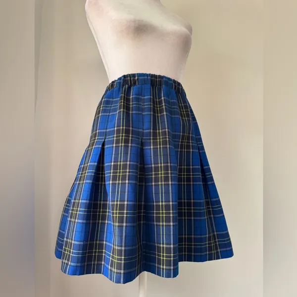 Royal Blue & Black Plaid Pleated Elastic Waist A-Line Knee Length Skirt - Image 4