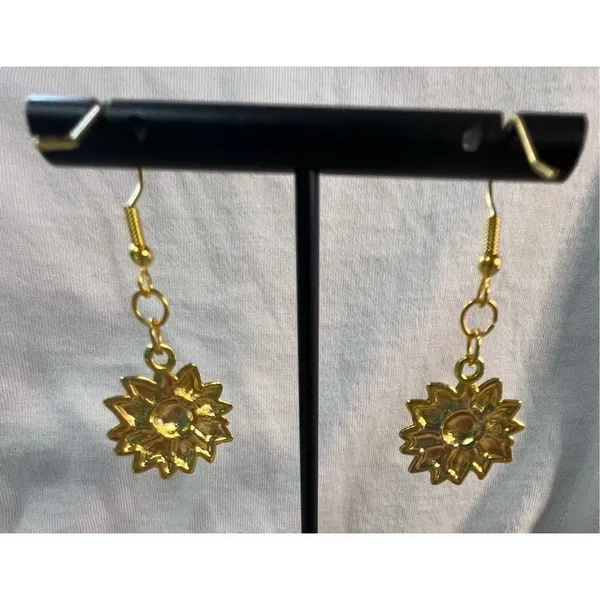 Handmade Shiny Gold Dangly Sunflower Earrings - Image 4