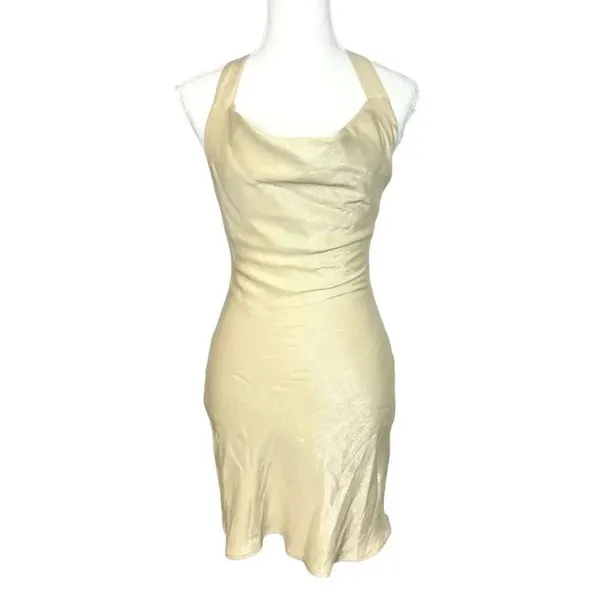 Zara Iridescent Satin Effect Mini Dress Draped Neck Open Back XS Gold Beige Y2K - Image 2