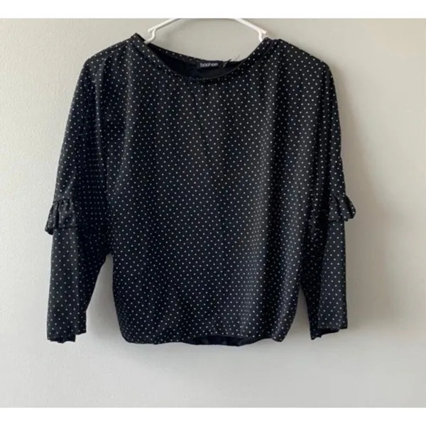 Boohoo NWT Women Large Size 12 Black White Polka Dot Ruffle Blouse Office Chic - Image 3