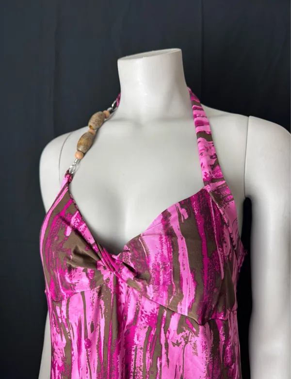 Y2K Pink & Brown Abstract Brushstroke Print Halter Top - Image 2