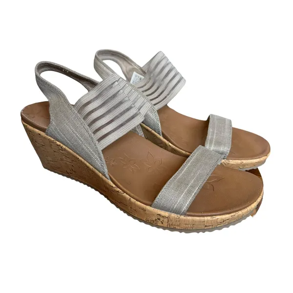 Skechers Luxe Foam Wedge Sandals Womens 10 Taupe Silver Stretch Slingback 31597 - Image 2
