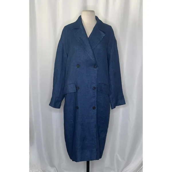 ZARA Limited Edition Linen Coat Buttons Pockets Double Breasted Blue X-Small - Image 2