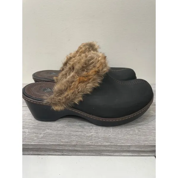 Crocs Gretel Black Faux Fur Lined Clog Mules Wedge Heel Womens Size 9‎ - Image 4