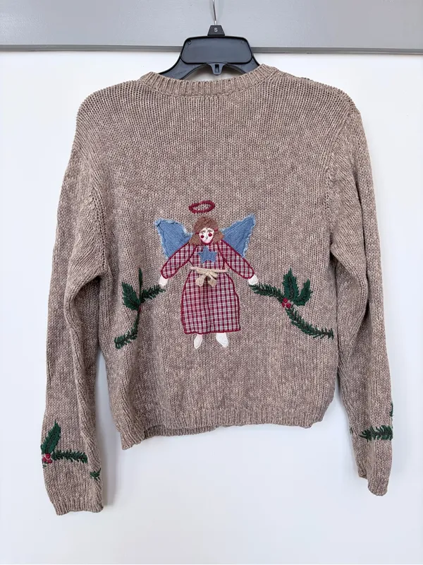 Vintage Cotton Knit Christmas Sweater Patchwork Unique Medium Button Cardigan Red - Image 3