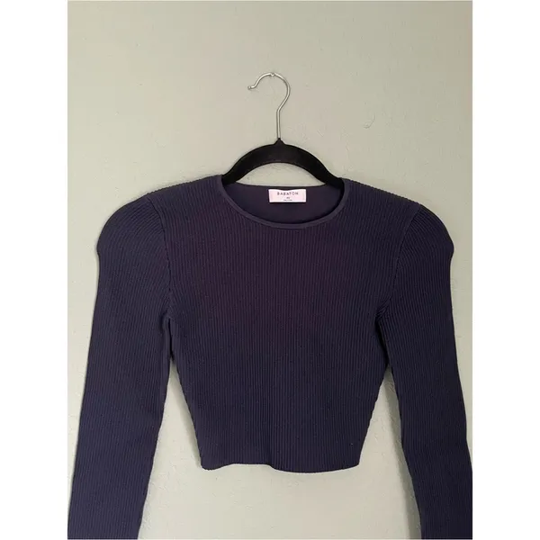 Aritzia Sculpt Knit Crew Cropped Longsleeve Size XS Navy Ribbed Ottoman Stitch - Image 3