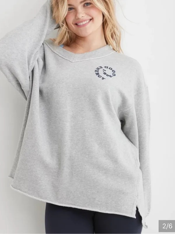 Aerie Wonder V Neck Sweatshirt good energy size M grey - Image 7