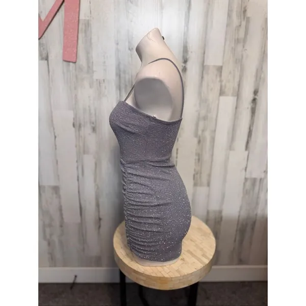 Windsor Glitter Mini Bodycon Dress Womens Medium Silver Grey Ruched Spaghetti St - Image 3