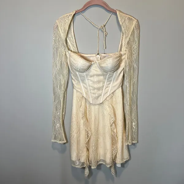 Oh Polly Ivory Lace Corset Mini Dress Long Sleeve Ruffle Skirt 6729 US 2 NWT - Image 2