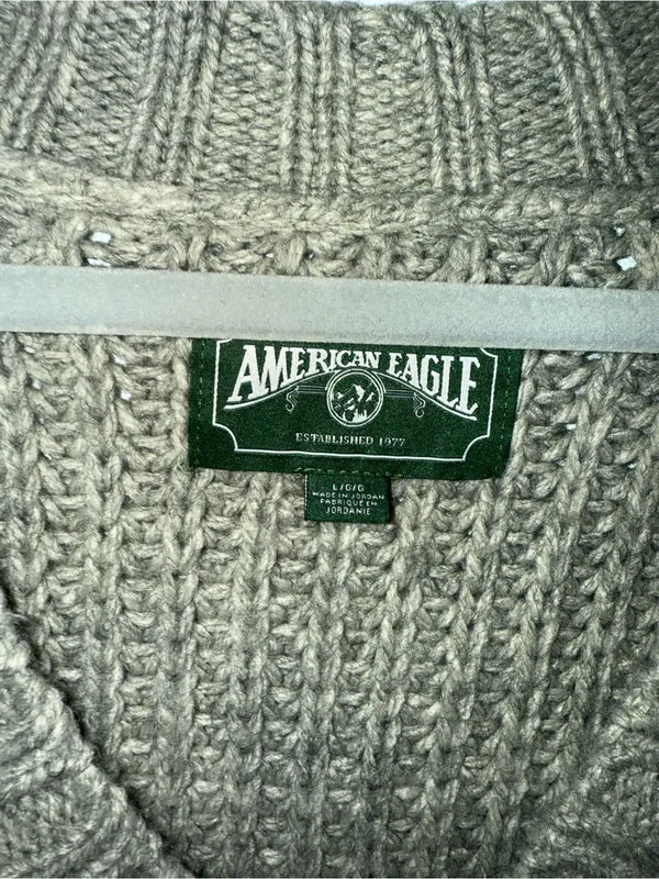 American Eagle V-Neck Chunky Knit Sweater - Grey - Image 3