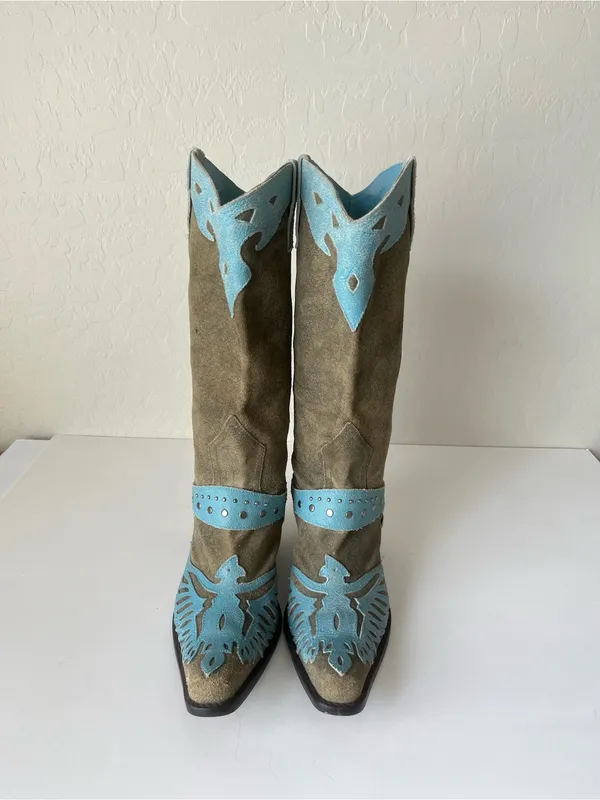 MIA Vintage 90s Suede Leather Firebird Western Cowgirl Boots Tan Blue Size 6 - Image 3