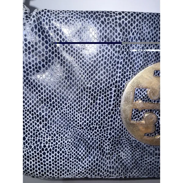 Tory Burch Reva Clutch Blue Leather‎ Snakeskin Print Chain Handbag Bag L - Image 3