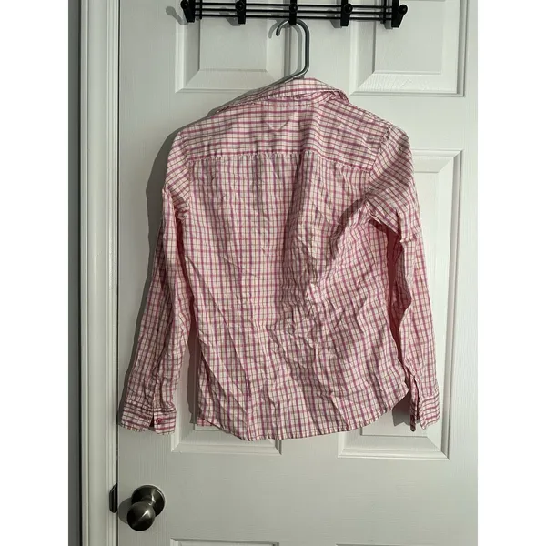 Lilly Pulitzer Women Pink Orange Plaid Cotton Long Sleeve Collar Button Up Top 2 - Image 4