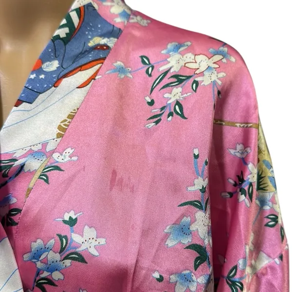 Pink Geisha Lotus Floral Satin Pocket Kimono Robe Tie Belt One Size Fits Most - Image 12