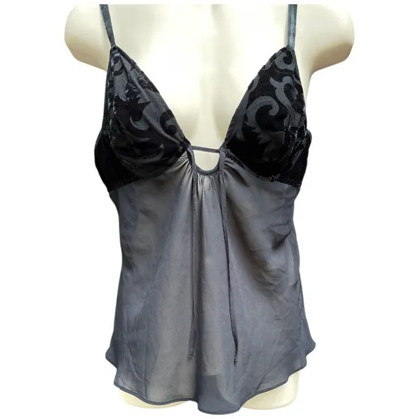 Victoria's Secret Black Cami Bra Babydoll Top M Devore Velvet Chiffon Whimsigoth Dark Fairy - Image 4