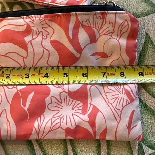 Handmade Tropical Floral Pouch and Face Mask Set Coral Pink White Zippered Wristlet 2pc - Image 5