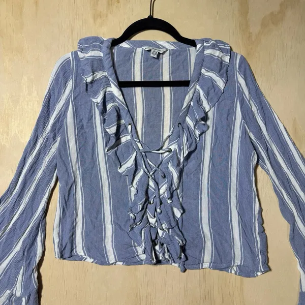 American Eagle Outfitters Women M Blue White Striped Ruffle Lace Up Blouse Boho - Image 2