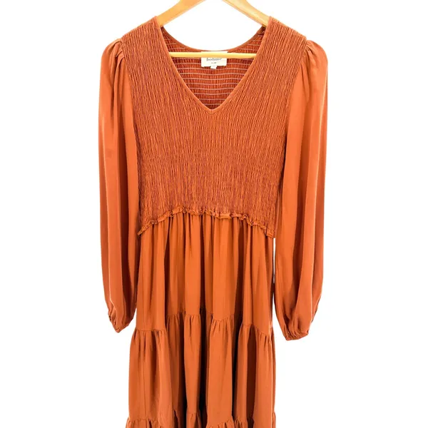 Bohme Rust Midi Dress Medium Long Balloon Sleeve Smocked Bodice Layered Tiered - Image 3