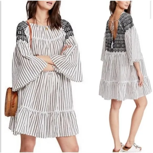 Free People Women's Boho Mini Lola Striped Dress White Black Tiered Embroidered‎ - Image 2
