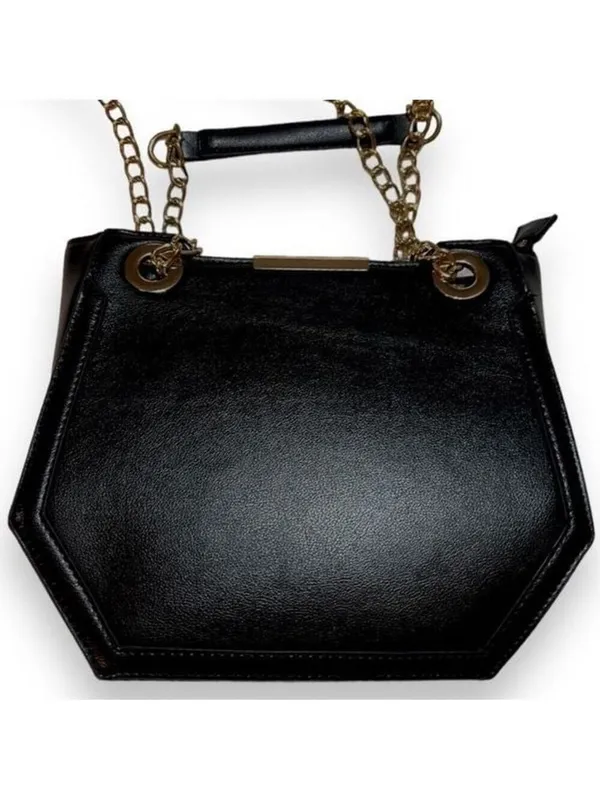 Melie Bianco Geometric Vegan Leather Black Shoulder Bag with gold chains - Image 5