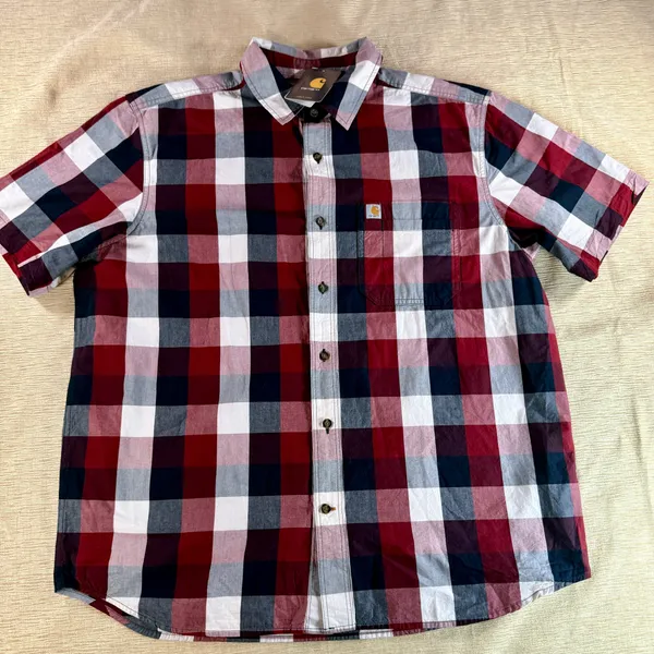 Carhartt Men’s XL Regular Plaid Short Sleeve Button Up Shirt Red Navy NWT - Image 17