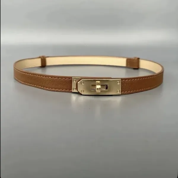 Nwot Thin Brown Gold Buckle Belt Pu Leather - Image 2