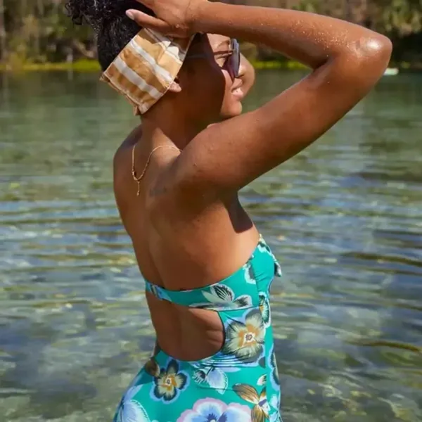 Aerie Green Floral Strapless Padded One Piece Full Coverage Swimsuit EUC - Image 2