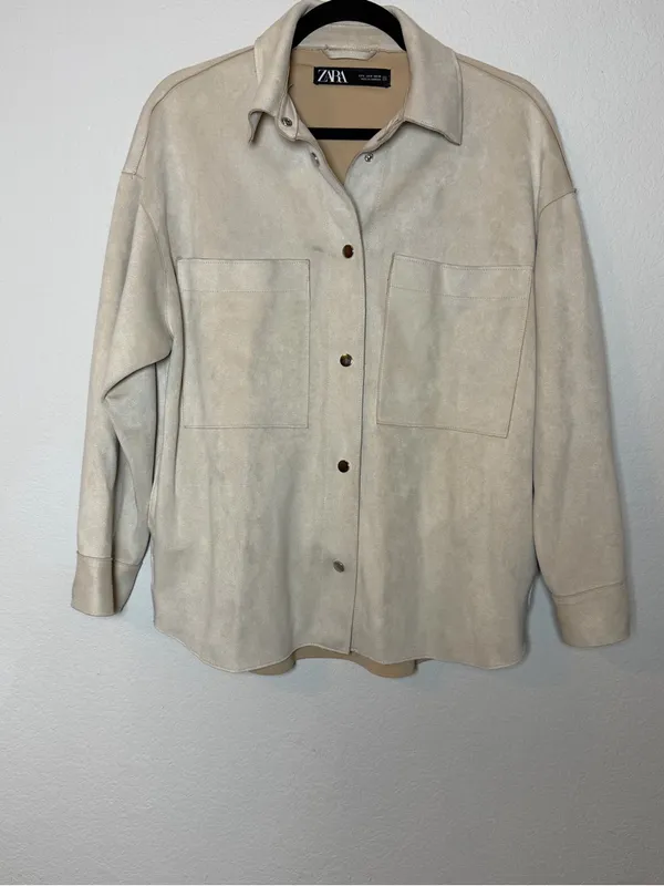 Zara Faux Suede Shacket Womens Small Beige Oversized Snap Front Shirt Jacket - Image 4