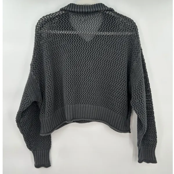 Aerie Women Dark Gray‎ Open Knit Quarter Zip Cropped Cotton Sweater Size M - Image 2