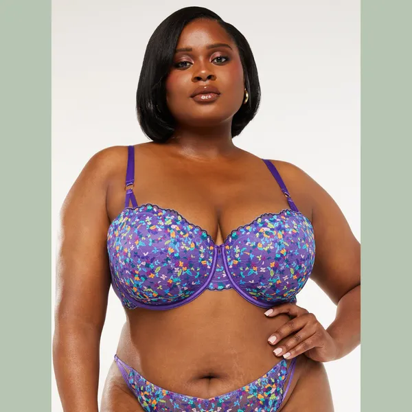 Savage X Fenty Steamy Floral Padded Lace Balconette Bra Purple Size 36C PURPLE ROYALE ROMANCE IN BLOOM Product Description Lush flowers are always a vibe! Our Steamy Floral Padded Lace Balconette Bra features a stretch lace body, satin straps, scalloped accents, and rose gold-tone hardware. Features Underwire padded balconette bra Stretch lace body Powermesh wing Straight neckline Stain straps at front body Rose gold-tone hardware Adjustable, supportive straps Hook-and-eye back closure Lace: 83% Nylon, 17% Elastane; Wing: 88% Nylon, 12% Elastane; Bottom Cup: 100% Polyester Hand wash cold, line dry Imported - Image 5