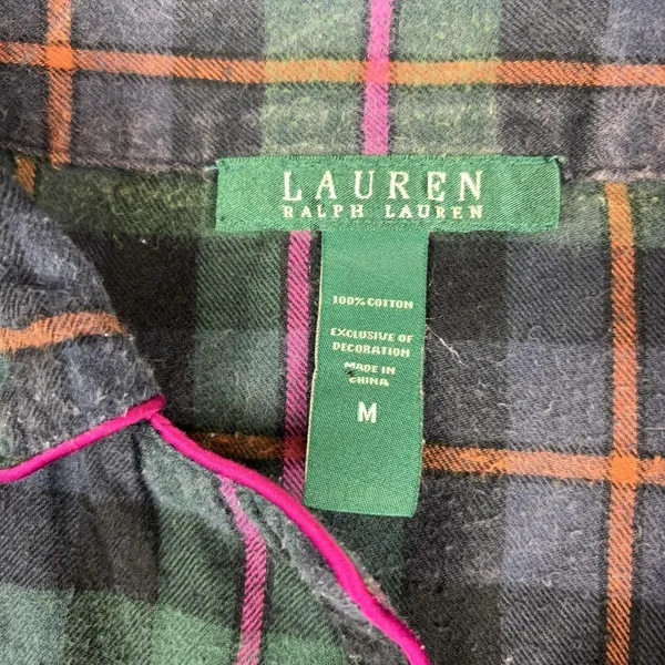 Lauren Ralph Lauren Pajama Top Womens M Green Plaid Flannel Button Up Sleepwear - Image 3